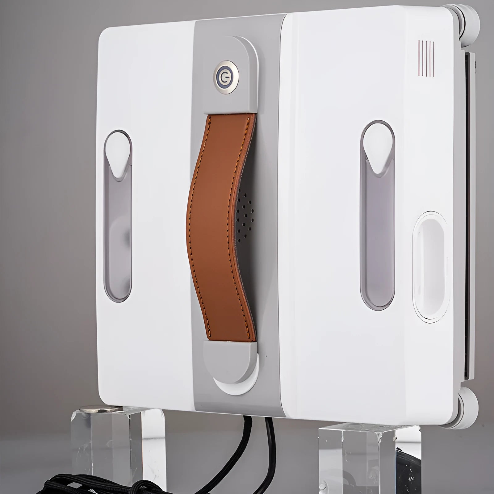 White intelligent window cleaning robot device with four water spray nozzles for automated high-rise window maintenance