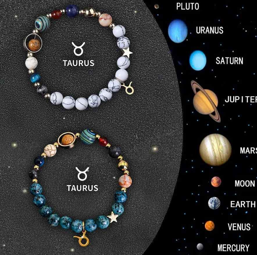 Two handmade natural stone beaded bracelets from a set of twelve zodiac sign designs.