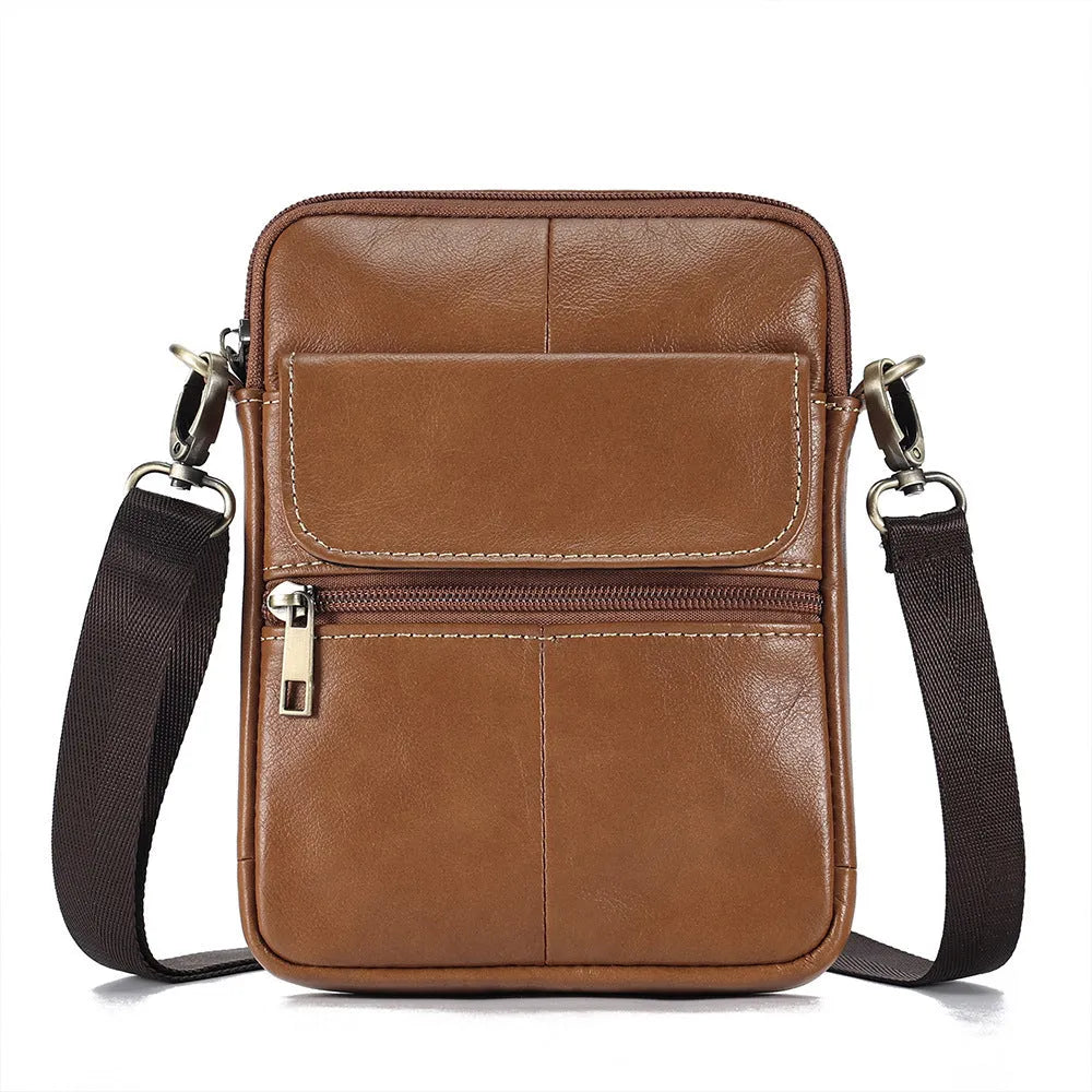 Men's brown leather crossbody shoulder bag with decorative stitching