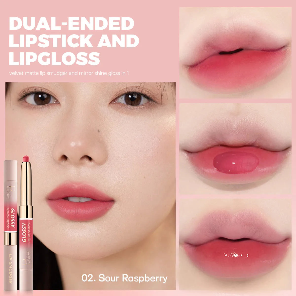 Double-headed lipstick showing matte finish on one end and matching gloss on the other