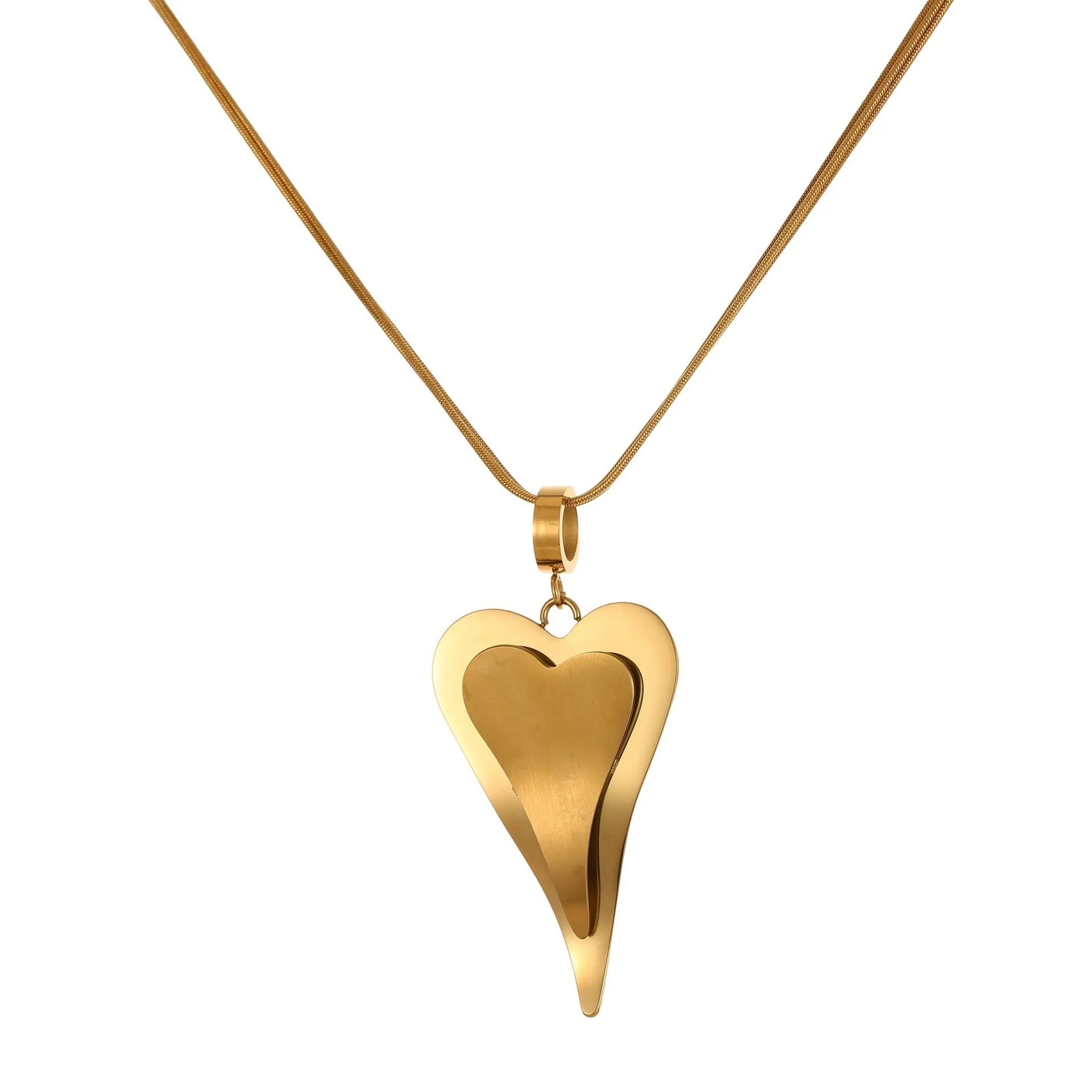 Double heart snake bones geometric pendant necklace in stainless steel with gold or steel finish