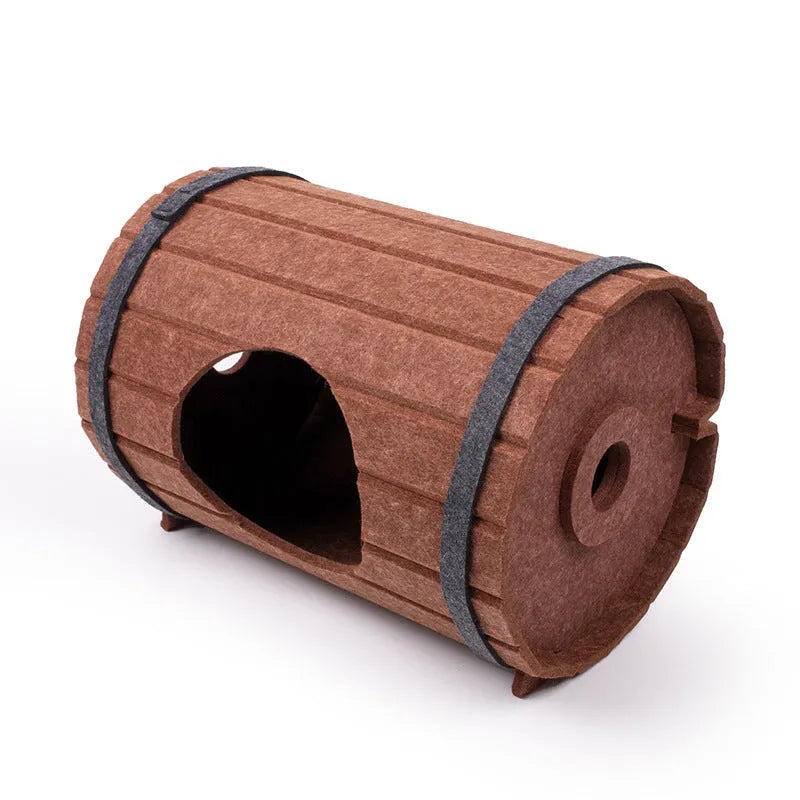 Brown polyester felt wine barrel-shaped pet bed for cats and small dogs