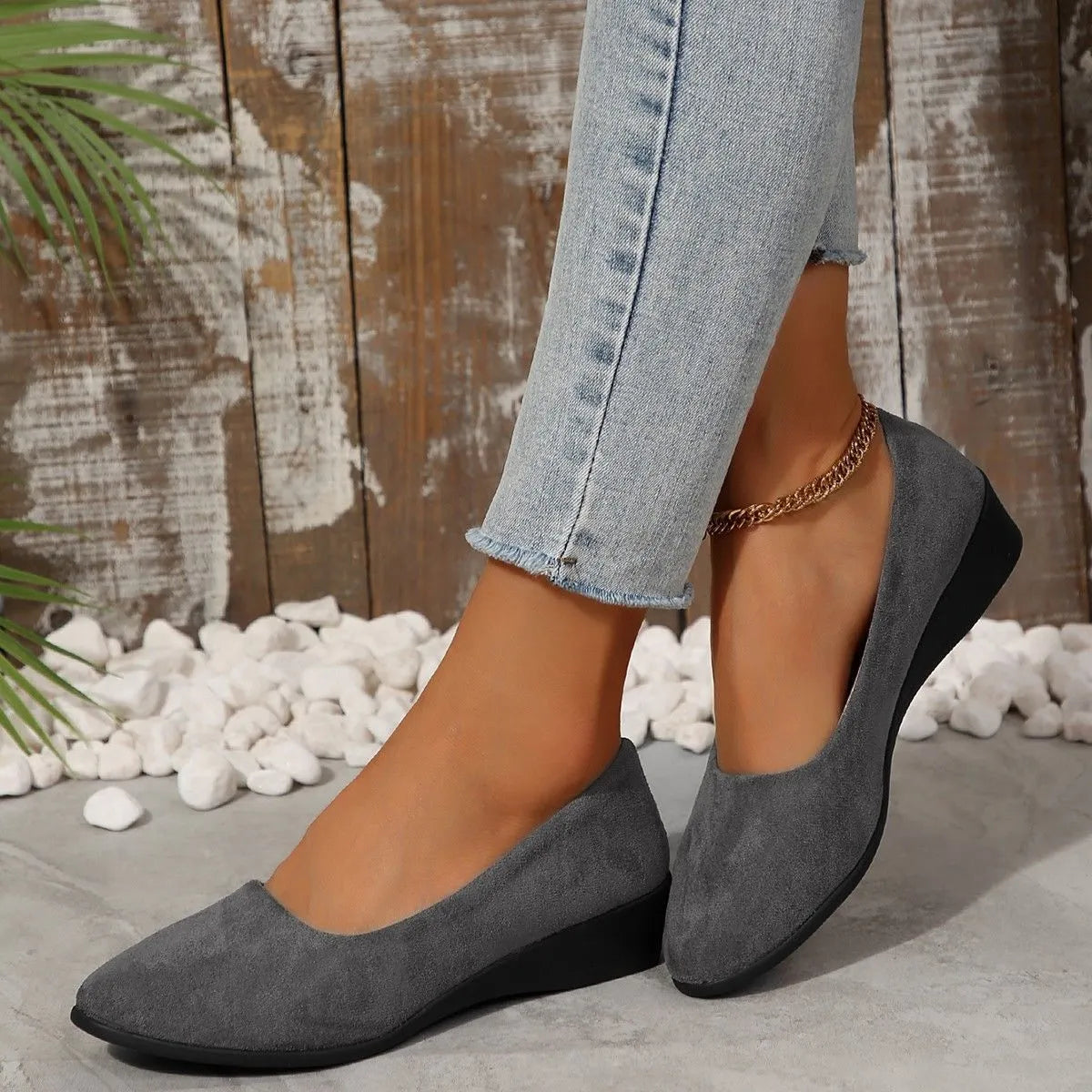 Women's pointed toe wedge pumps with shallow mouth design in suede upper and rubber sole