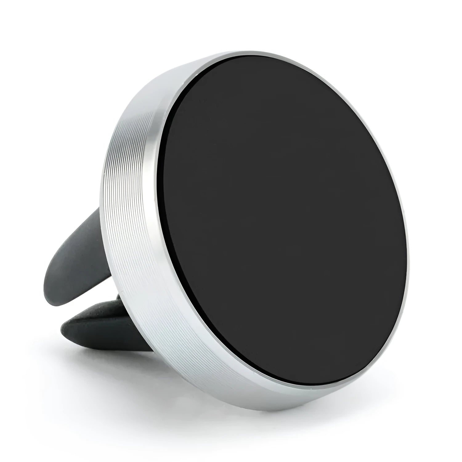 Magnetic car air vent phone holder in black mounted on vehicle vent with smartphone attached
