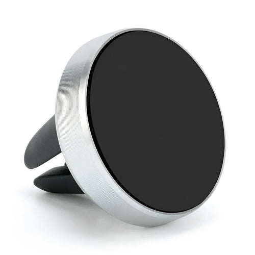 Magnetic car air vent phone holder in black mounted on vehicle vent with smartphone attached