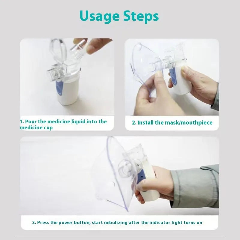 A columnar-shaped plastic handheld USB nebuliser for quiet drug atomisation at home.