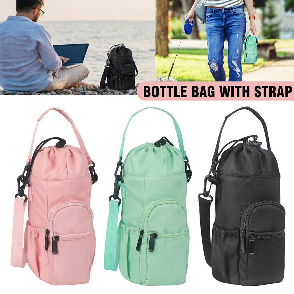 Cloth water bottle shoulder bag with crossbody strap in black, green, or pink colour