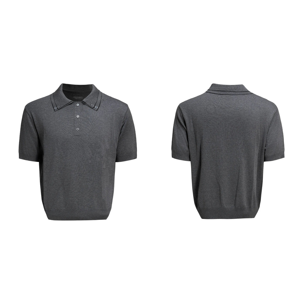 Men's black knit shirt with double collar design and short sleeves