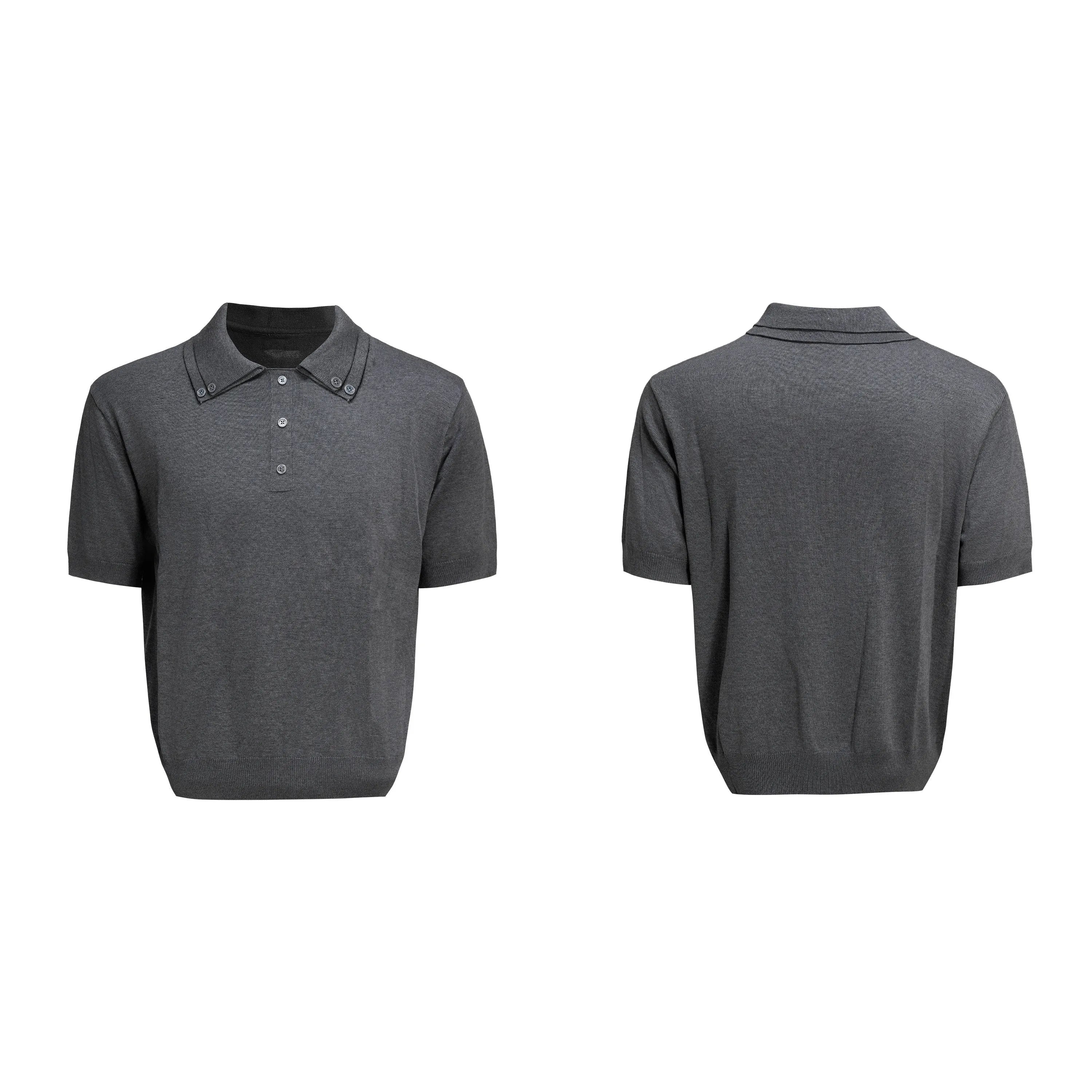 Men's black knit shirt with double collar design and short sleeves