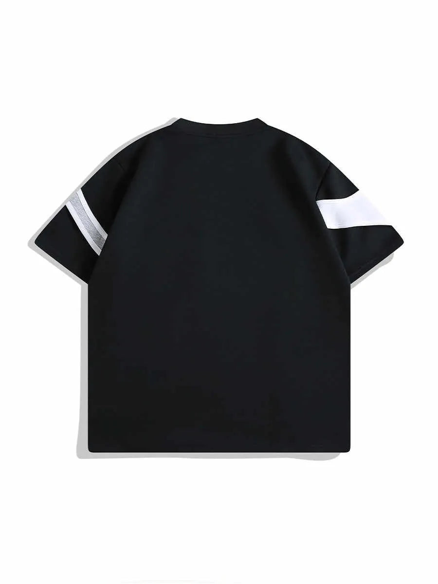 Men's black loose-fit T-shirt showing padded shoulder detail with double-layer stitching construction