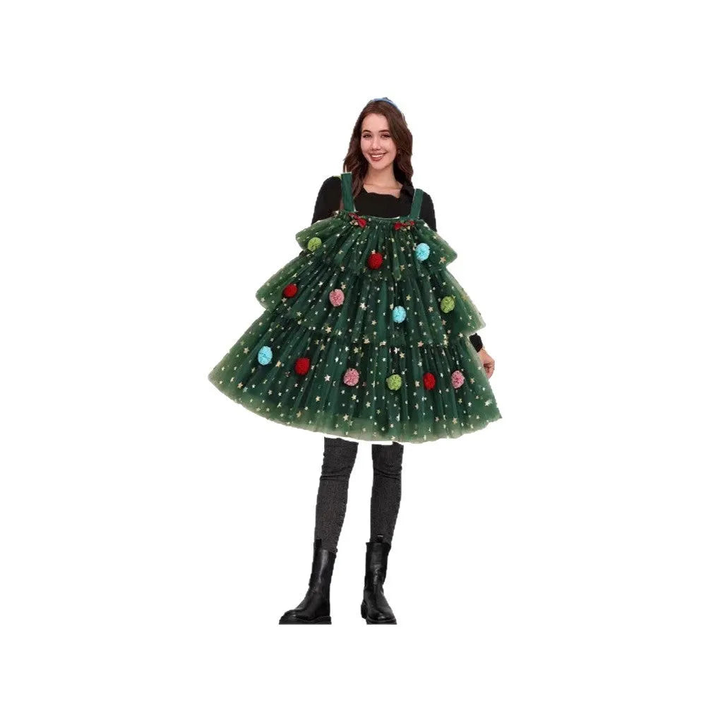 Green mesh polka dot ball decorative Christmas tree pattern multi-layer tiered sleeveless dress