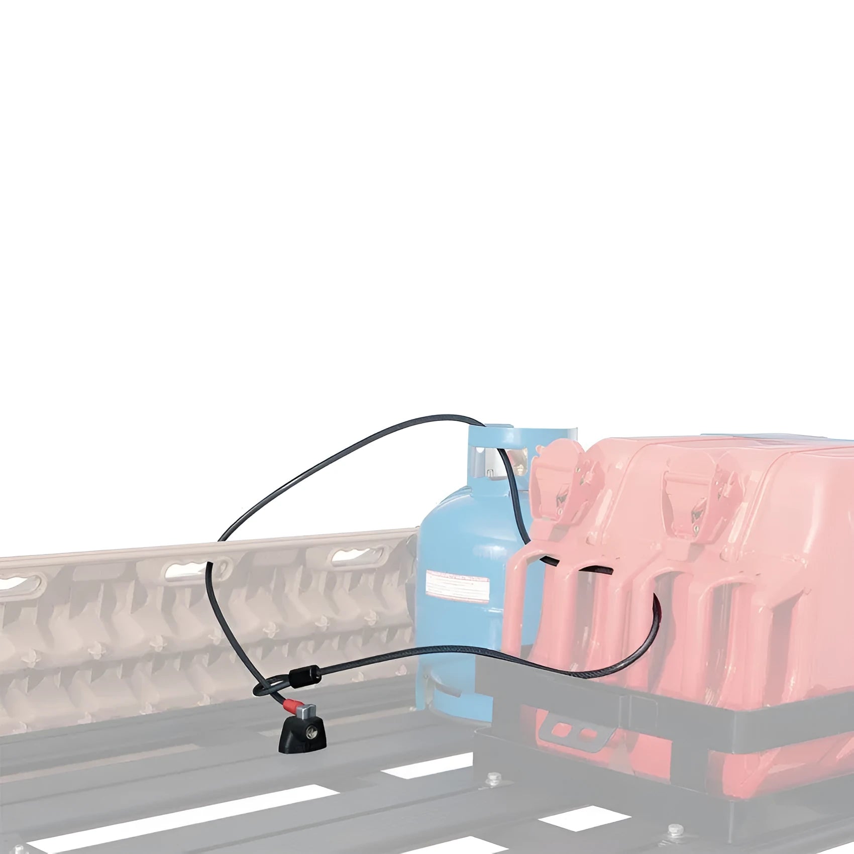 Roof platform steel cable lock with plastic sheath shown securing a ladder, highlighting no-punch installation.