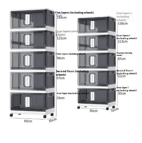 A foldable white PP plastic storage locker with wheels and multiple adjustable internal shelves.