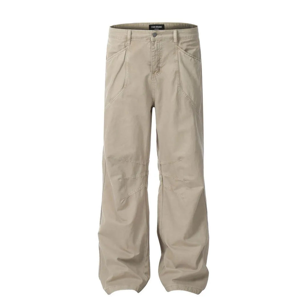 Men's brown straight-leg cotton trousers with high-waist design and zipper fly opening