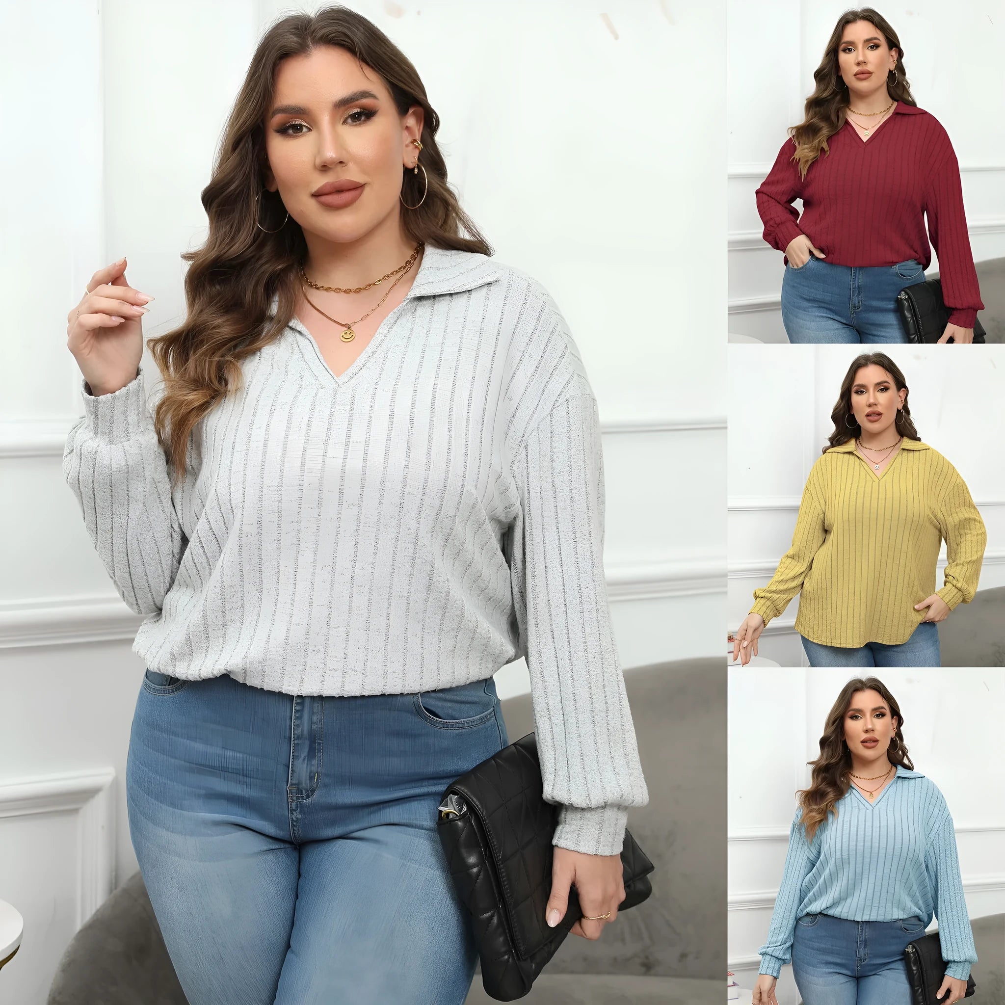 Women's plus size grey polo collar fleece shirt with lantern sleeves on a hanger