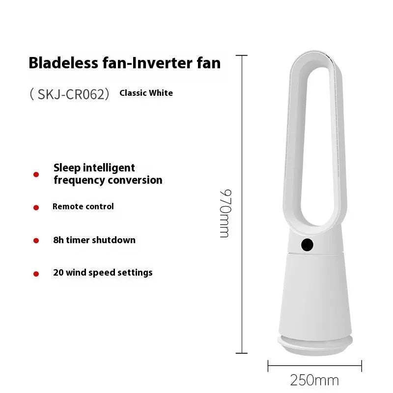 SK white bladeless tower fan with remote control on desktop