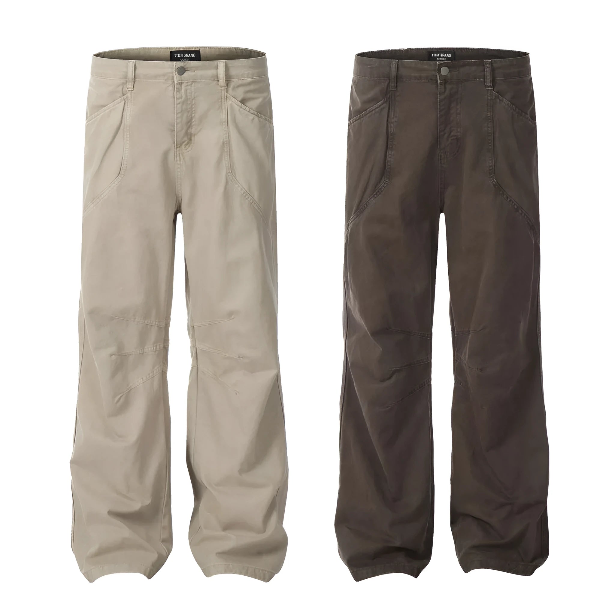 Men's brown straight-leg cotton trousers with high-waist design and zipper fly opening