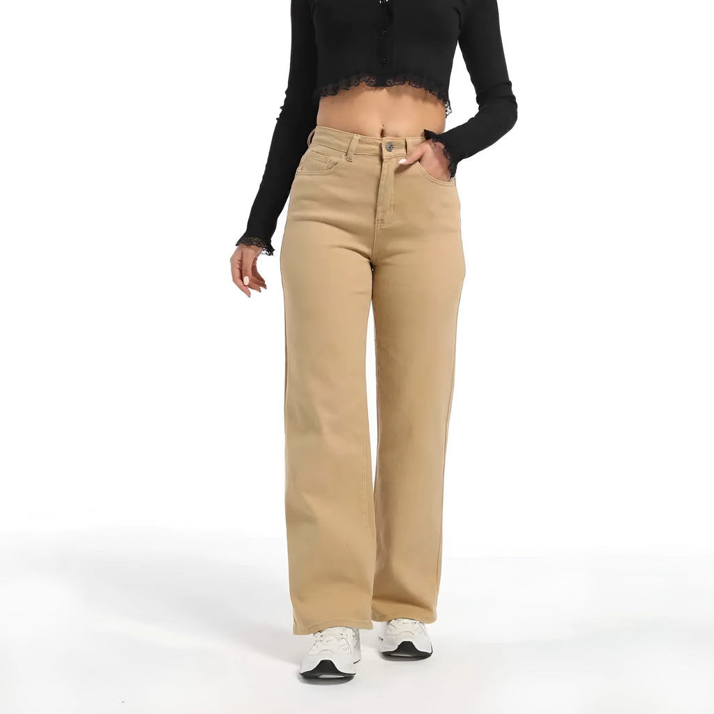 Women's high-waist straight-leg cotton jeans in apricot and khaki colours on a hanger.