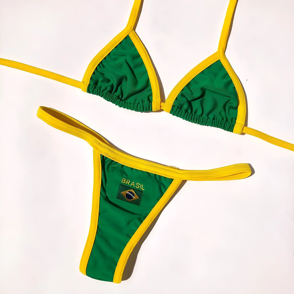 Women's yellow polyester bikini set with T-back bra and shorts-length pants