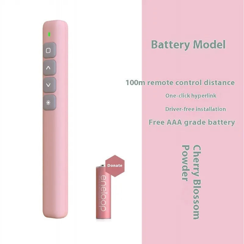 A black, white, or pink remote control pen for presentations with a laser pointer and digital annotation functions.