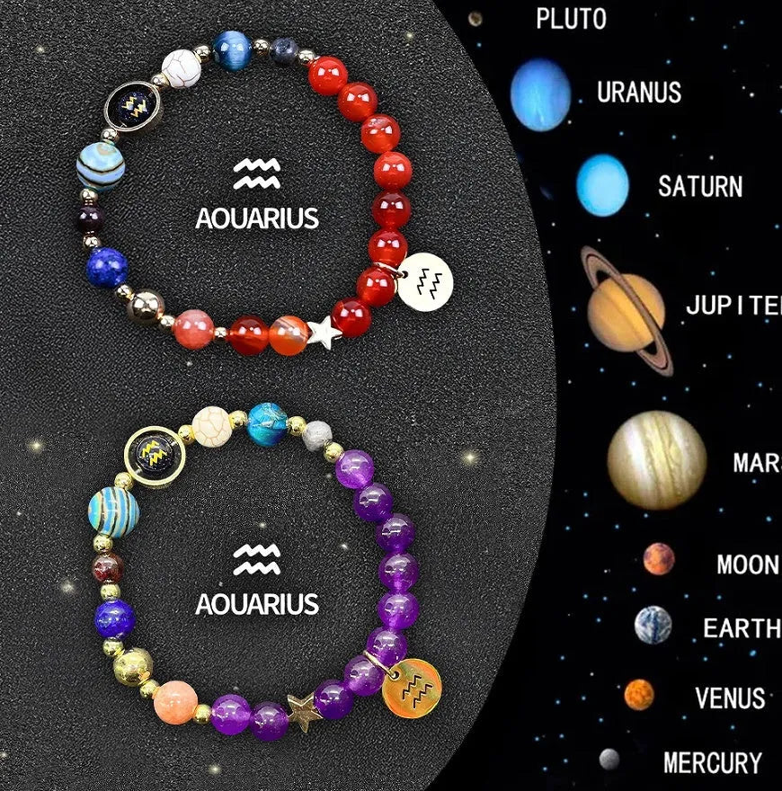 Natural stone beaded zodiac bracelet set showing twelve astrology constellation designs with adjustable cord