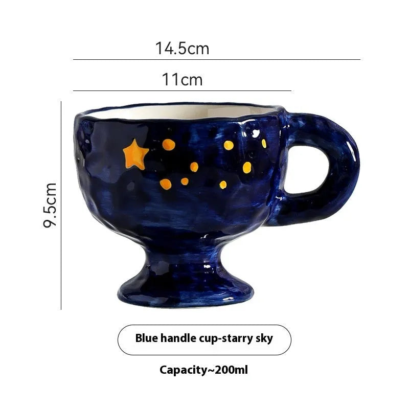 Hand-pinched irregular ceramic mug in a solid colour, showing unique handmade shape.