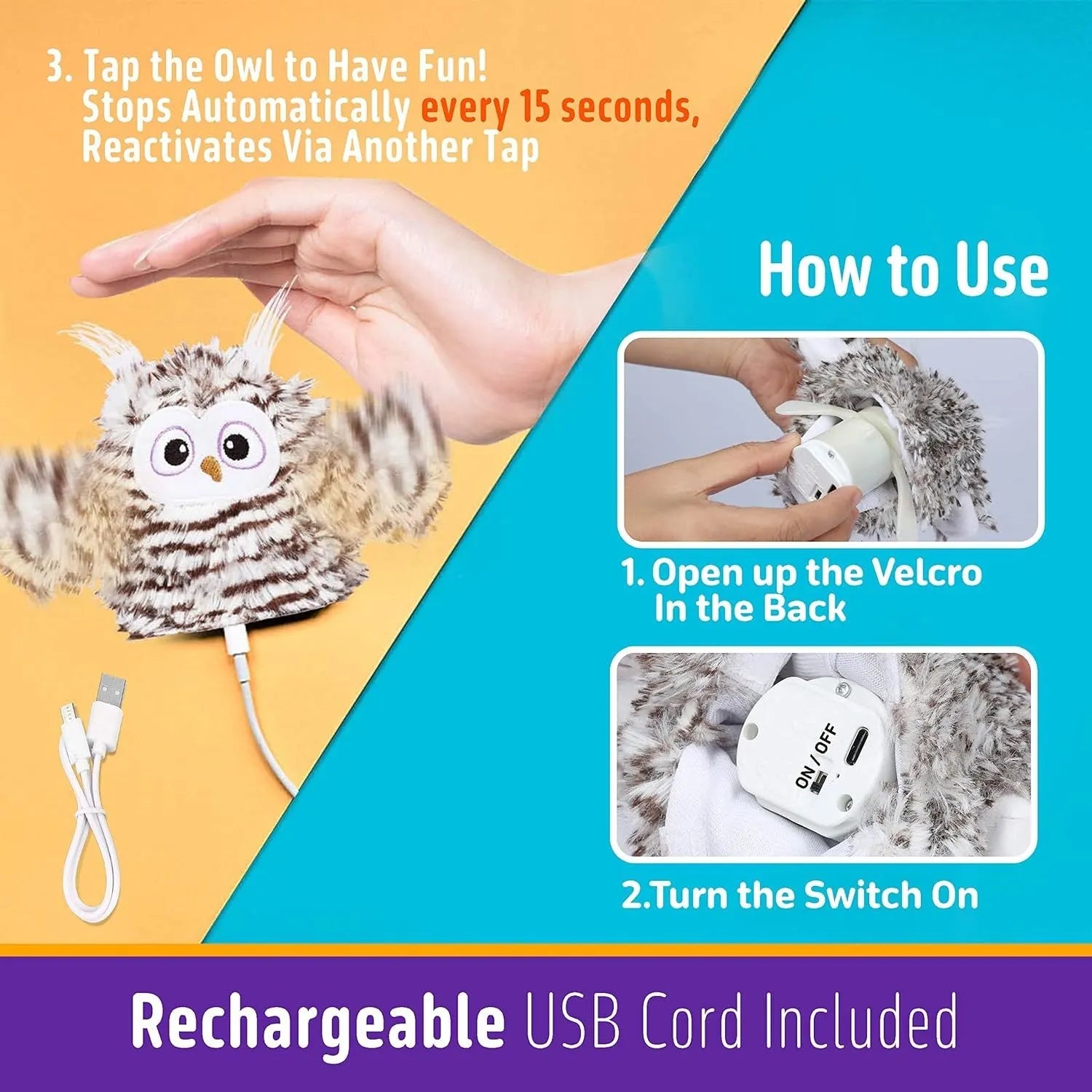 Grey interactive owl cat toy with flapping wings for indoor feline entertainment