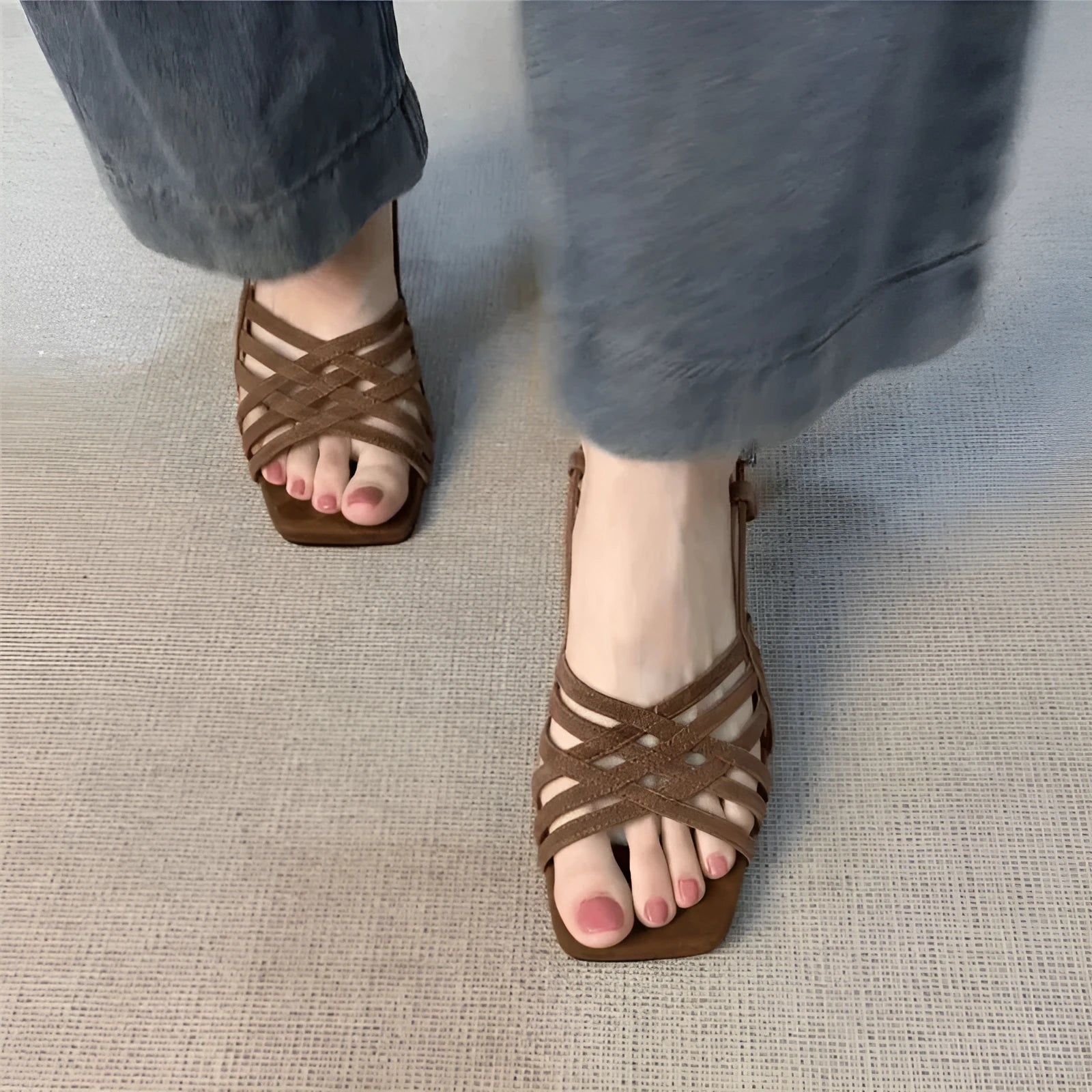 Women's retro thin strap high heel sandals with square toe and ankle buckle in light brown
