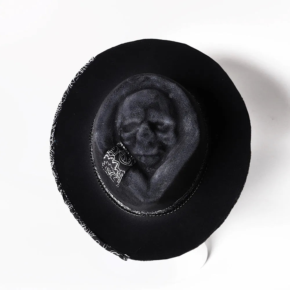 Black and white skull print wool felt denim hat with conical crown for Halloween costumes