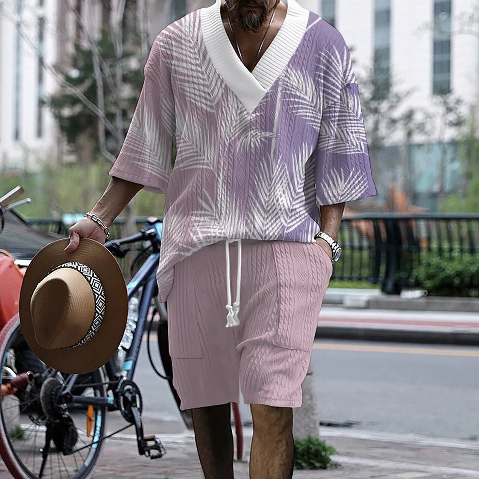 Men's knitted drop-shoulder short-sleeved top and matching shorts set in a printed design