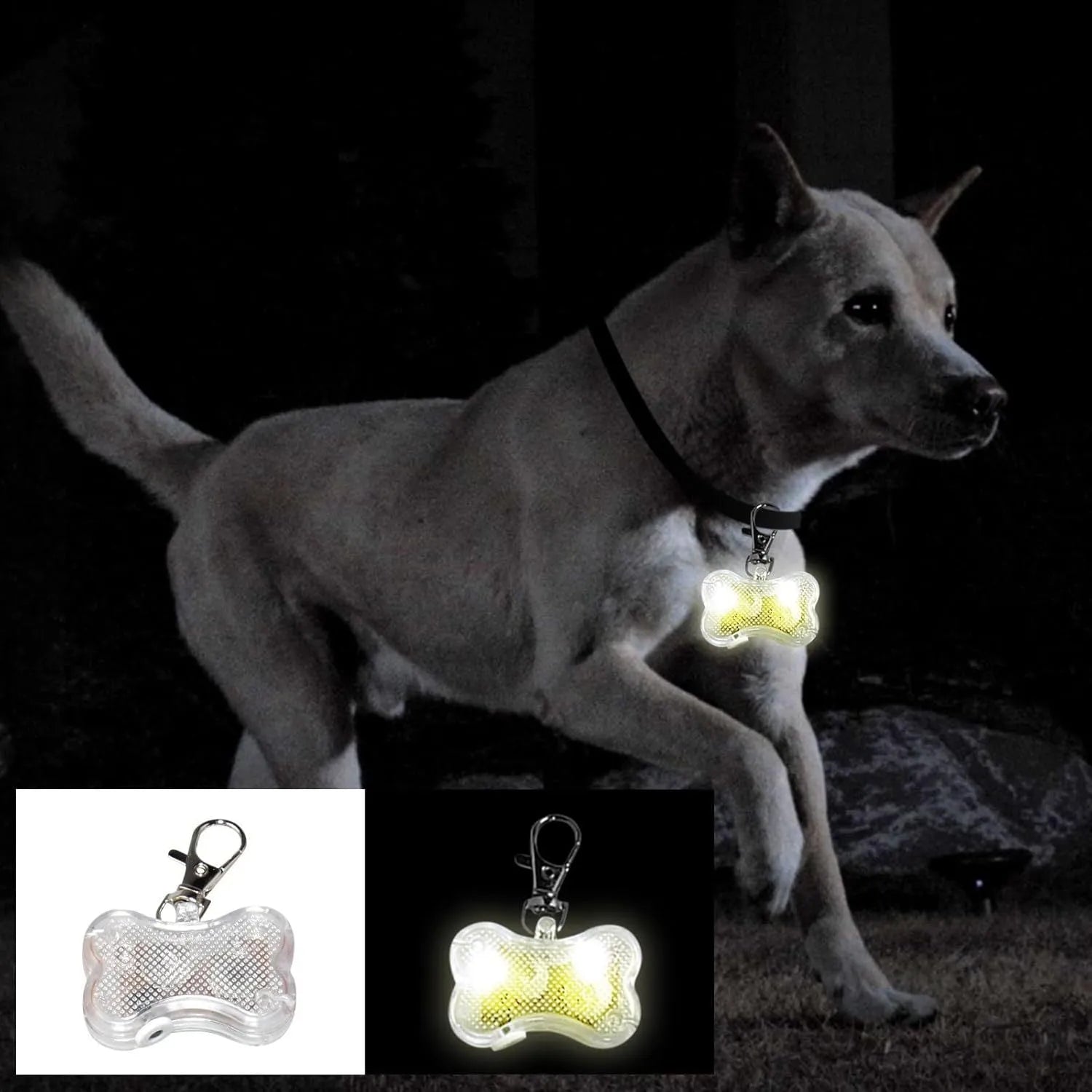Blue LED bone-shaped luminous pendant for pet collars showing three light modes