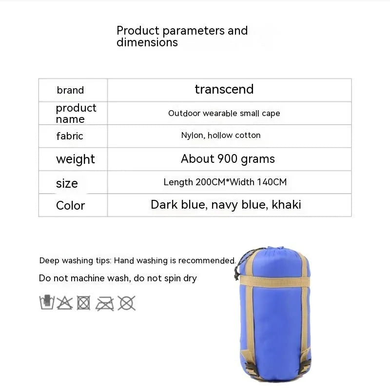 Army Green outdoor cloak sleeping bag with 200x140cm dimensions shown in convertible format