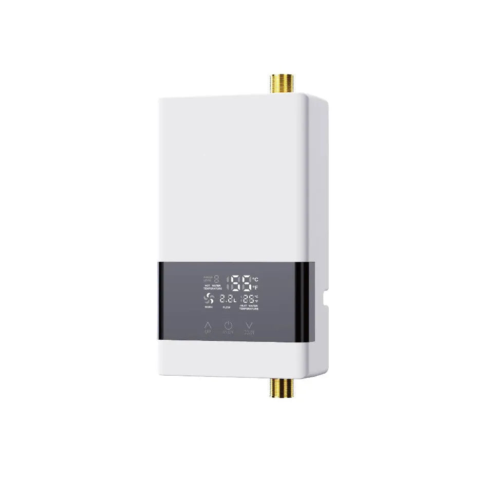Small constant temperature water heater with LED touch screen display in gold, silver, or white finish