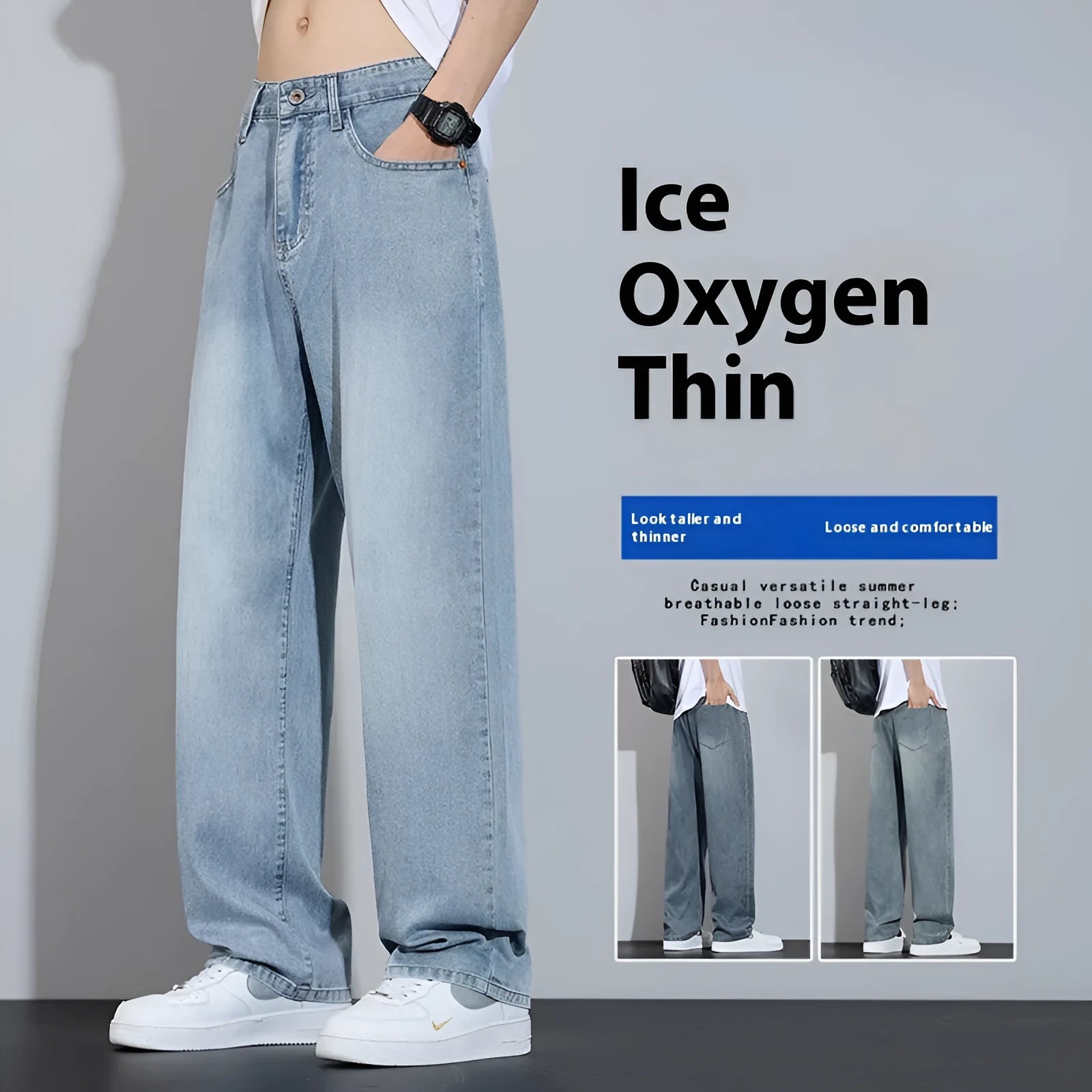 Light blue ice silk straight-leg wide trousers laid flat, showing zip fly and relaxed leg cut.