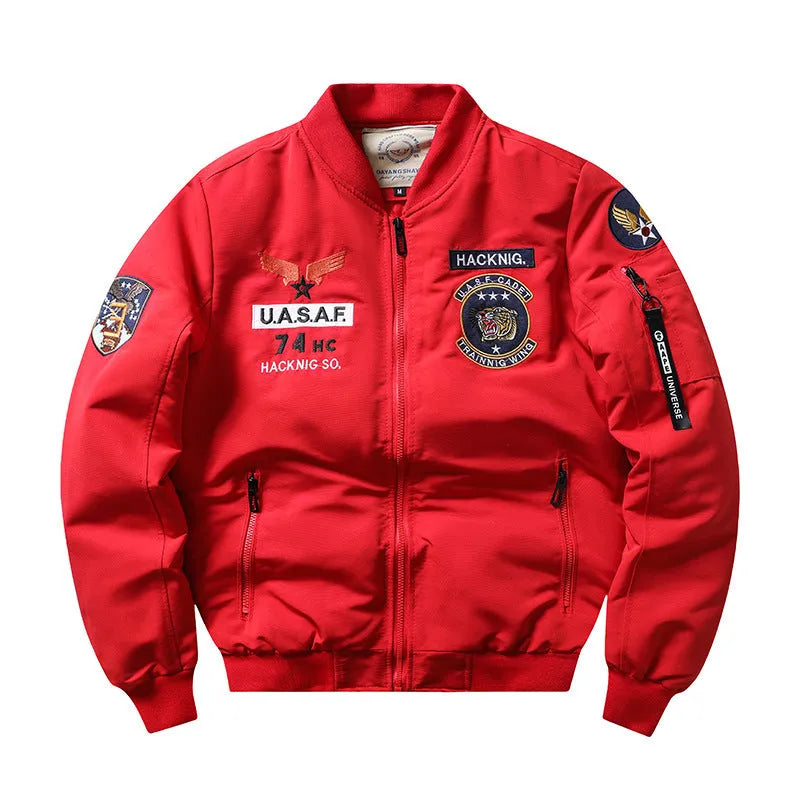 Men's slim-fit black retro motorcycle jacket with stand collar and embroidery.