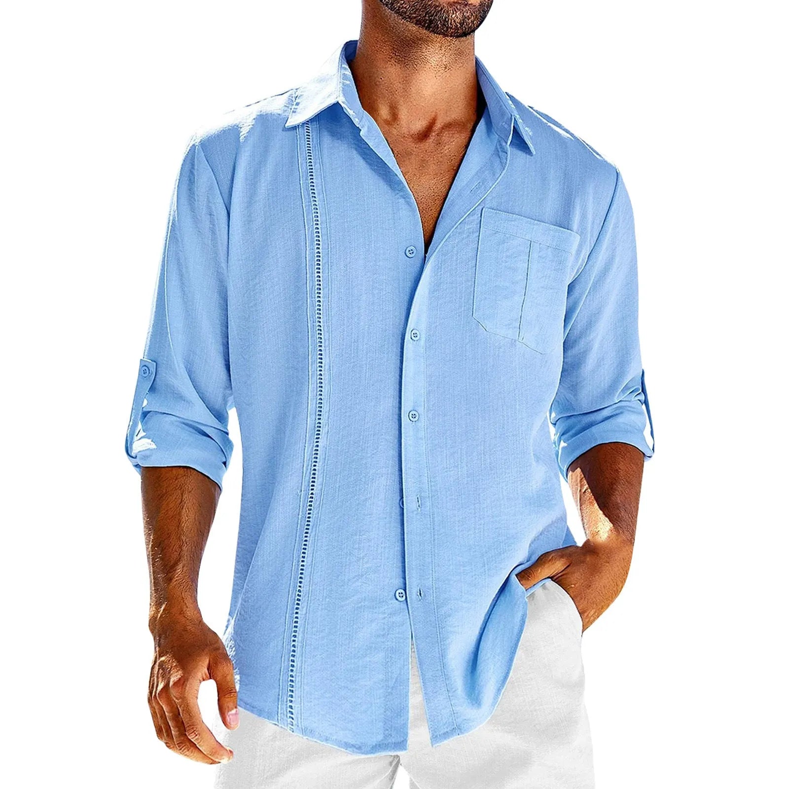 Mens grey casual long sleeve shirt with lace detail on polo collar and chest pocket.