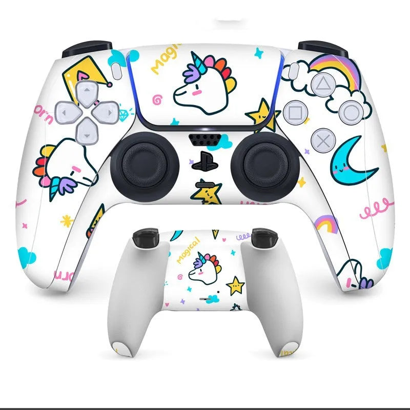 PS5 controller with anti-scratch handle stickers applied, showing micro frosted PVC texture.