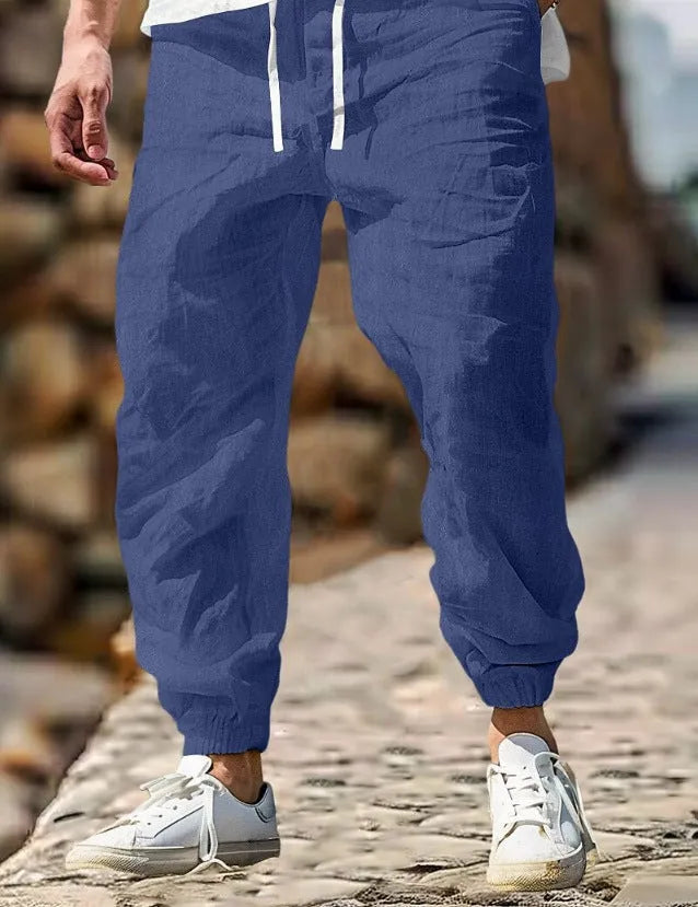 Men's straight-leg cotton linen trousers with elastic waistband in army green colour