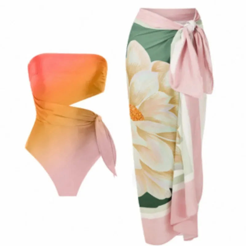 Women's retro printed one-piece swimsuit in quick-dry polyester fabric on a mannequin