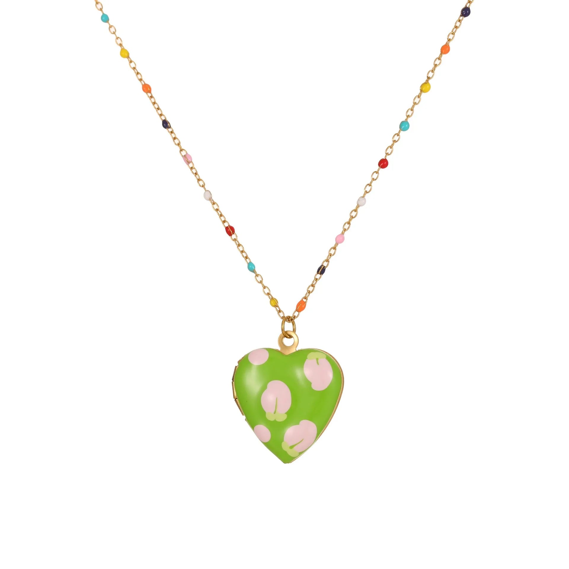 Women's stainless steel necklace with gold plating showing heart-shaped fruit pendant design on adjustable chain