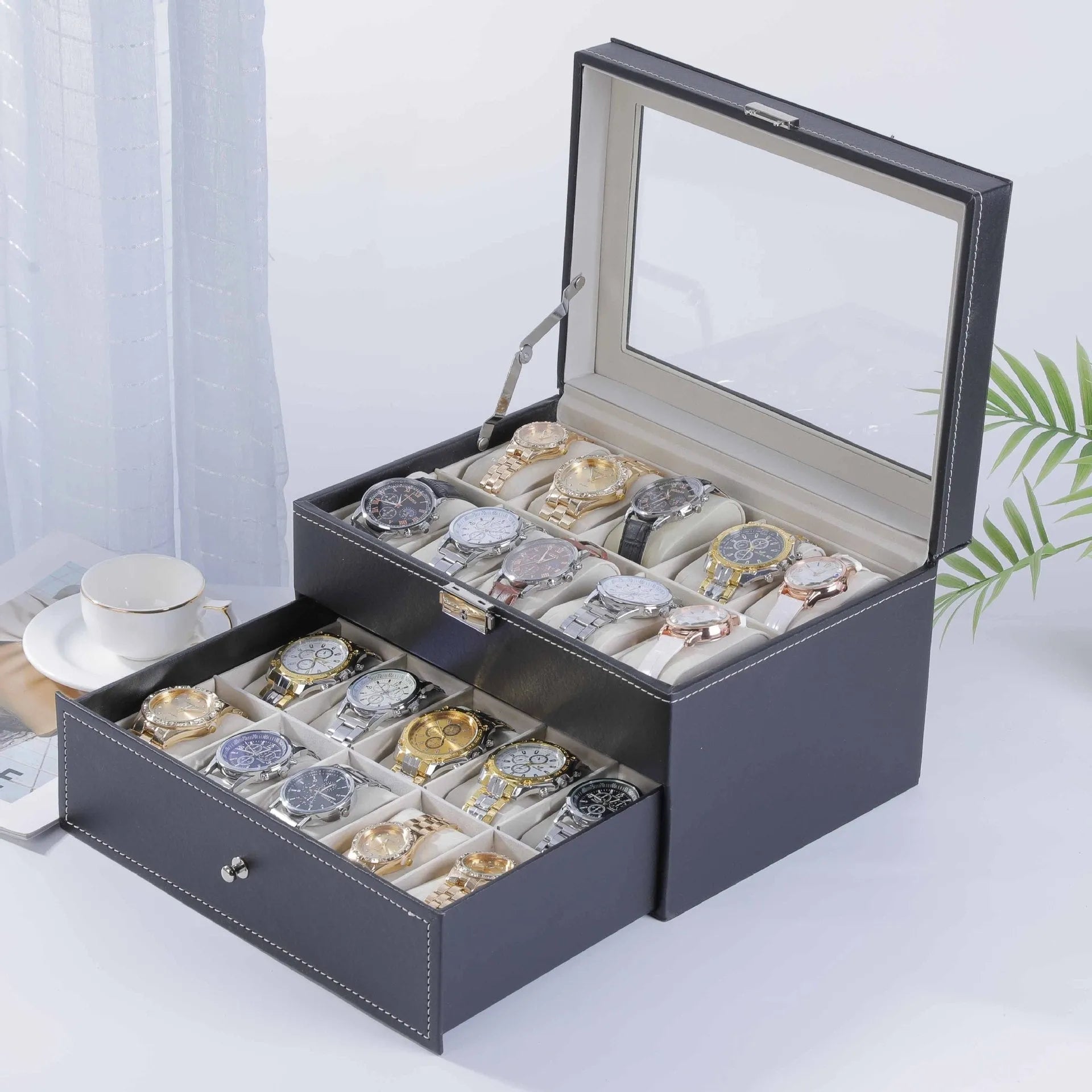Grey high-grade leather watch storage box with a transparent dustproof lid.