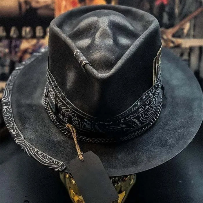 Black and white skull print wool felt denim hat with conical crown for Halloween costumes