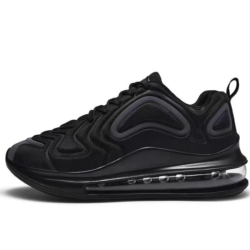 Men's black lace-up running sneakers with a thick sole and round toe design on a white background.
