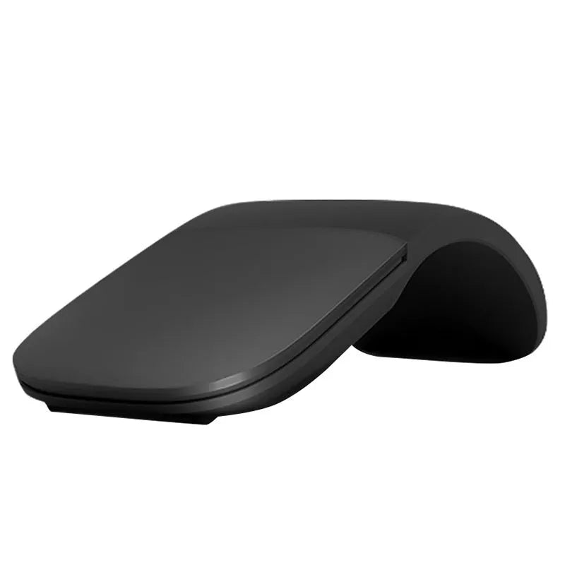 Folded Bluetooth wireless mouse showing compact 131.2mm length with touch surface and multiple colour options