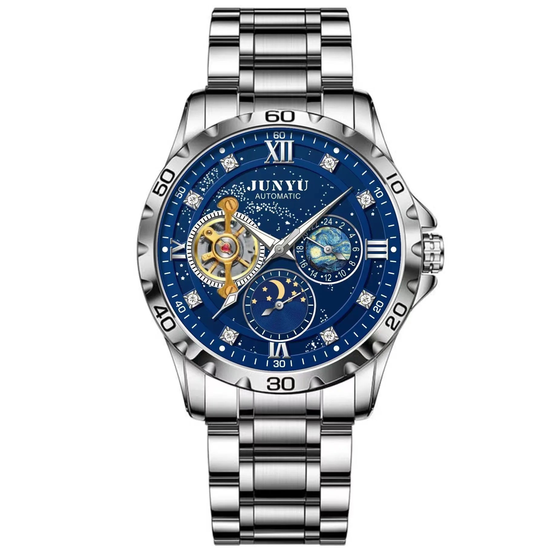Men's automatic mechanical watch with luminous hands on a black starry sky dial and rose gold case