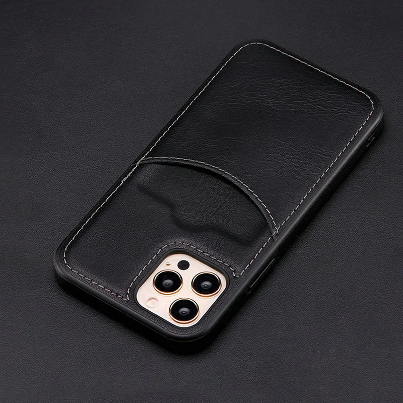 Dark blue PU leather phone case shown on an iPhone, highlighting protective edges and precise button cutouts.