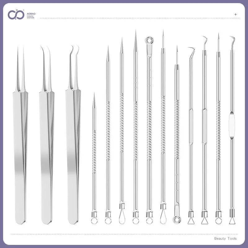 Four silver metal acne needles with pointed tips laid out on a flat surface.