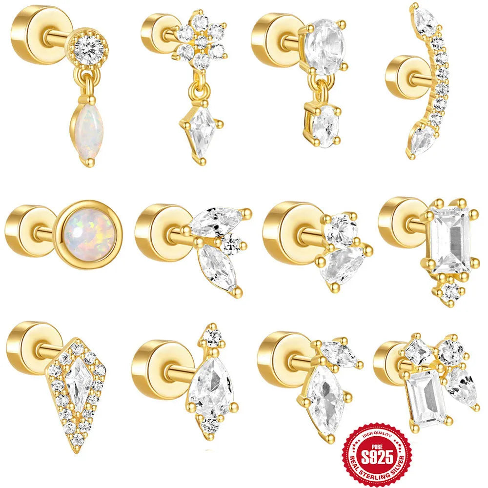 S925 sterling silver flat column geometric ear bone studs with threaded post in gold tone finish