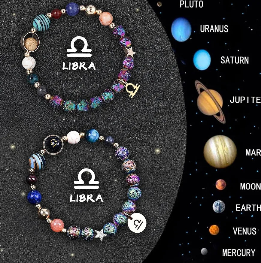 Set of two natural stone beaded bracelets with metal zodiac charms on an elastic cord.
