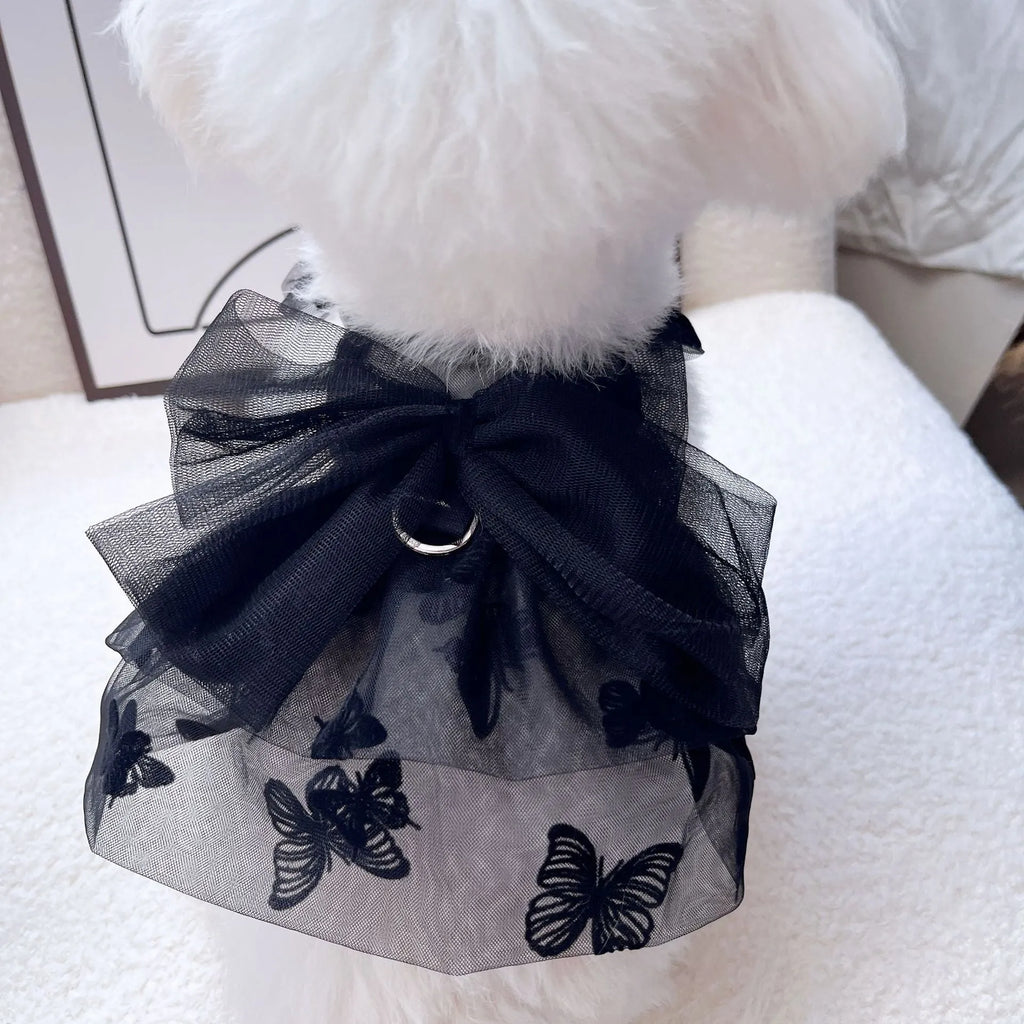 Black princess tulle skirt dress for a small dog or cat on a mannequin, showing the gauze material.